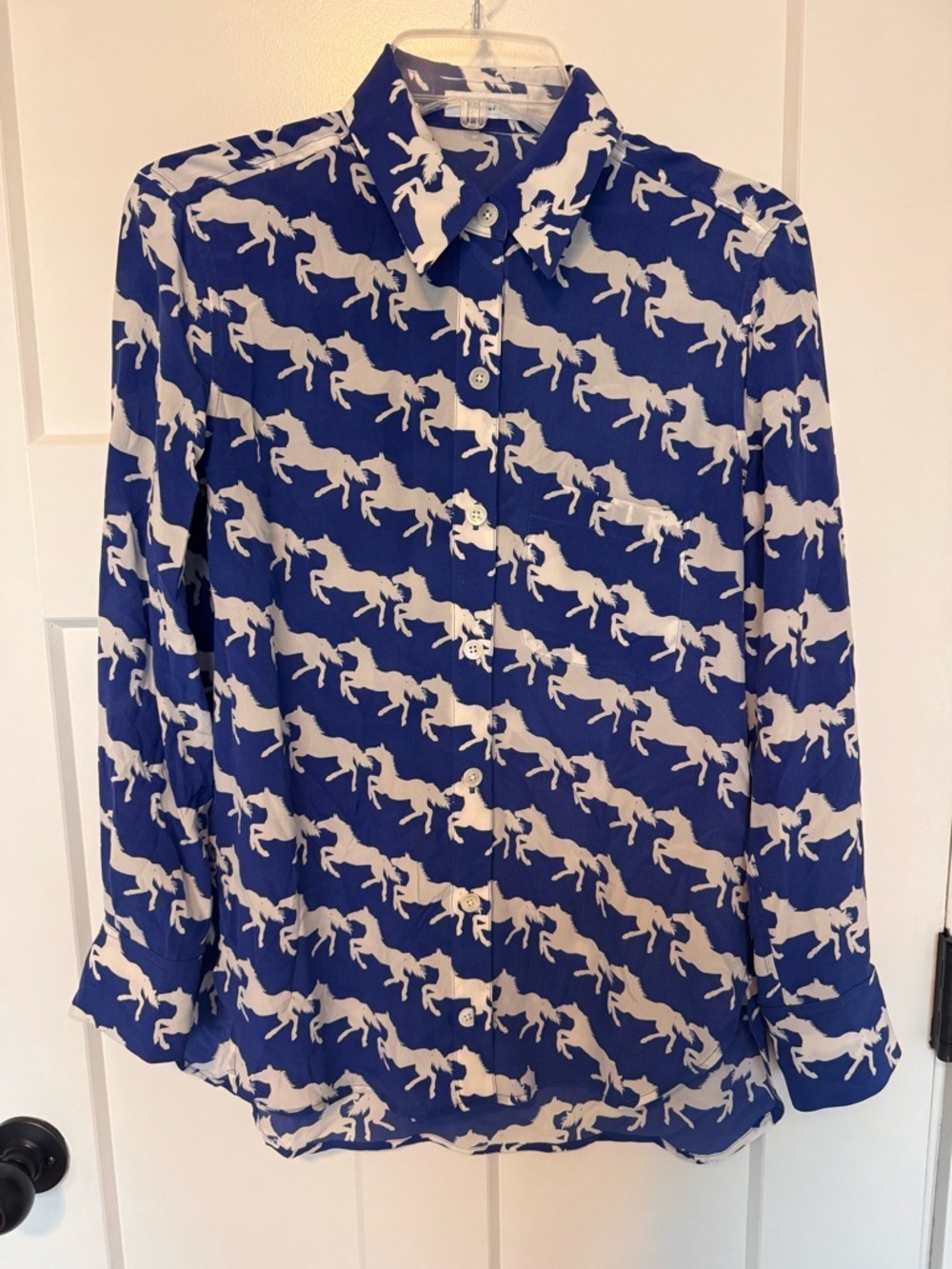 Equipment horse print Blue Button-Up Blouse with White Horse Print
